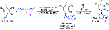 Graphical abstract:Synthesis of chiral pyrimidine-substituted diester D–A cyclopropanes via asymmetric cyclopropanation of phenyliodonium ylides